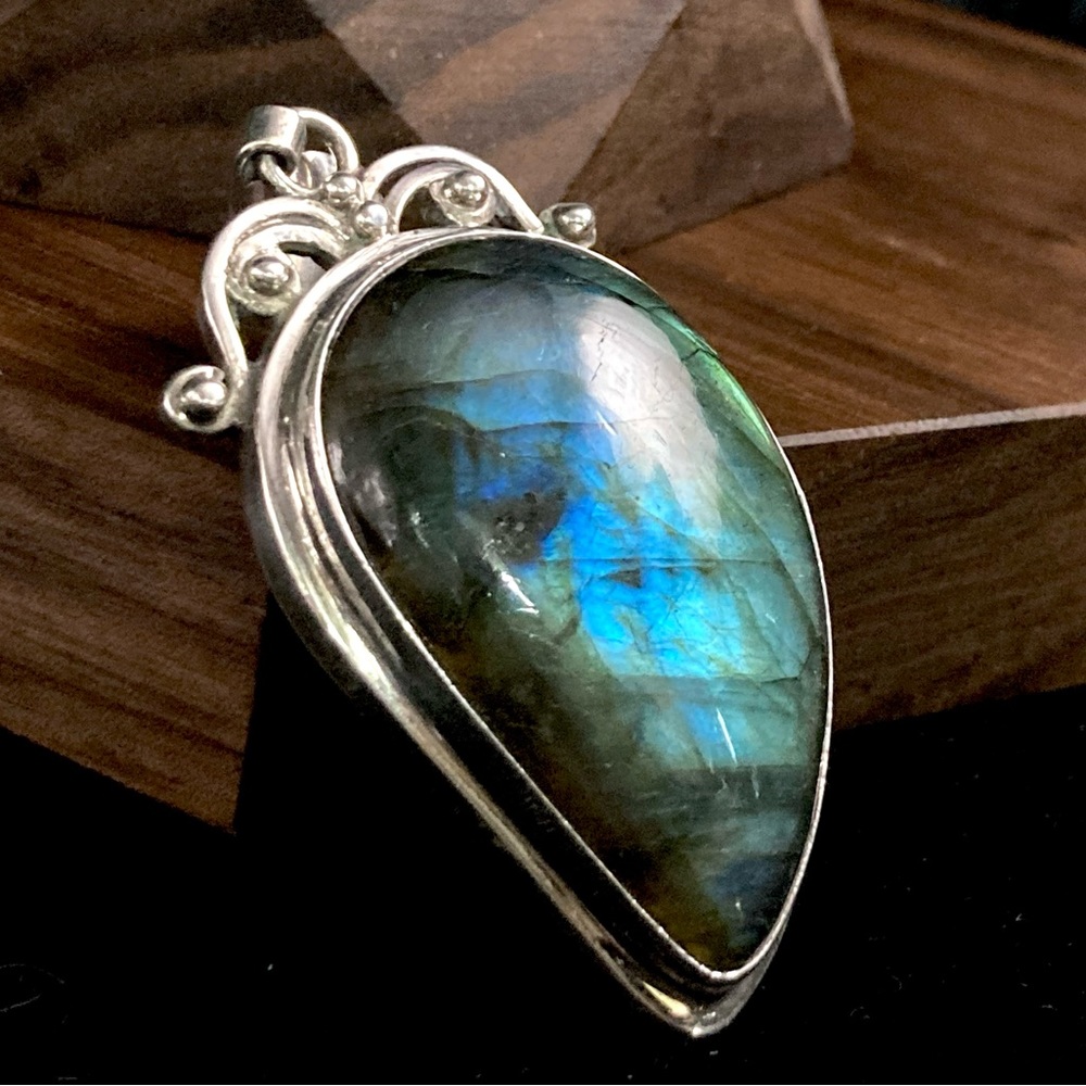 Large Vintage Labradorite Rare Blue Flash Spectrolite 925 Gemstone Pendant - Picture 1 of 13